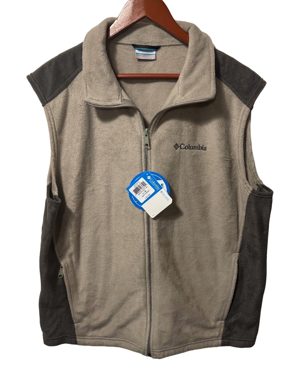 Columbia Men's Beige Fleece Vest with Charcoal Logo